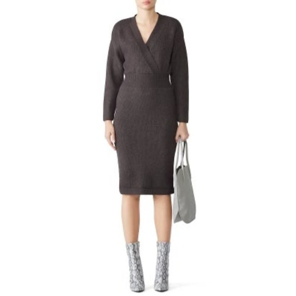 MOON RIVER Faux Brown Sweater Long Sleeves V-Neck Wrap Dress Size Extra Small